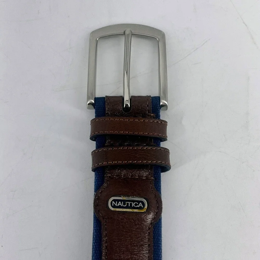 Nautica Mens Belt Brown‎ Leather Blue Canvas Silver Buckle Size 40